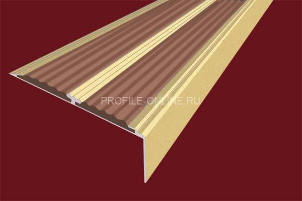 Алюминиевый противоскользящий угловой порог 70х22 мм с резиновыми вставками АУ-70-Анод золото-коричневый 3 м