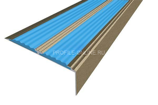 Алюминиевый противоскользящий угловой порог 70х22 мм с резиновыми вставками АУ-70-Анод шампань-голубой 3 м