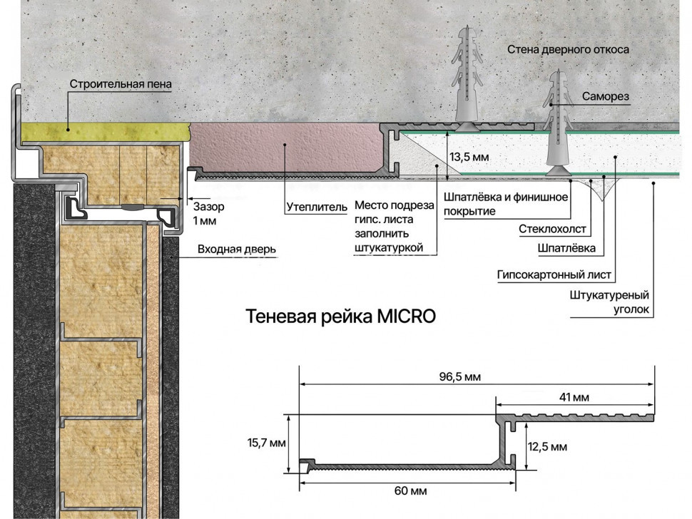 Теневая рейка из алюминия 16х96 мм Laconistiq Micro белая 300 см