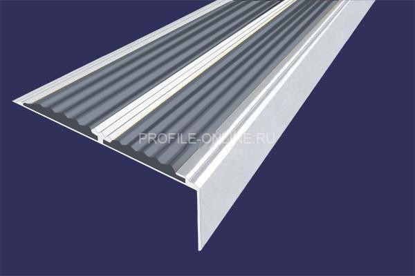 Алюминиевый противоскользящий угловой порог 70х22 мм с резиновыми вставками АУ-70-Анод серебро-серый 3 м