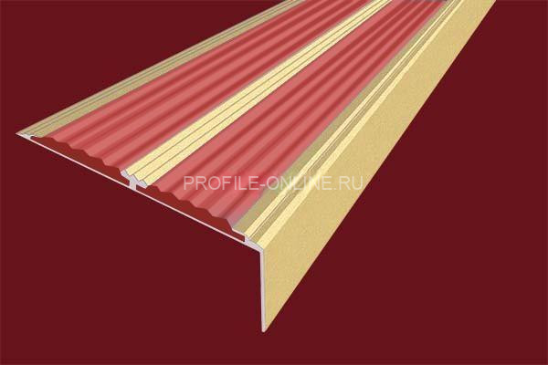 Алюминиевый противоскользящий угловой порог 70х22 мм с резиновыми вставками АУ-70-Анод золото-красный 3 м