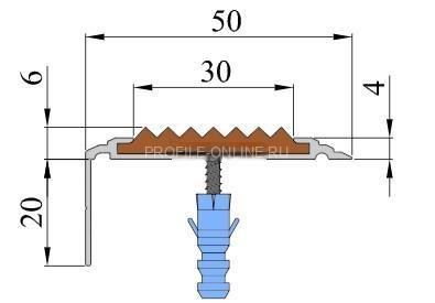 Алюминиевый угловой противоскользящий порог с резиновой вставкой 26х50 мм АУ-50-Анод коньяк-темно-коричневый 3 м