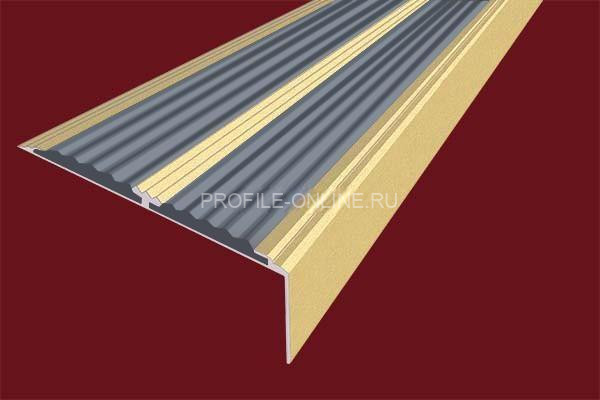 Алюминиевый противоскользящий угловой порог 70х22 мм с резиновыми вставками АУ-70-Анод золото-серый 3 м