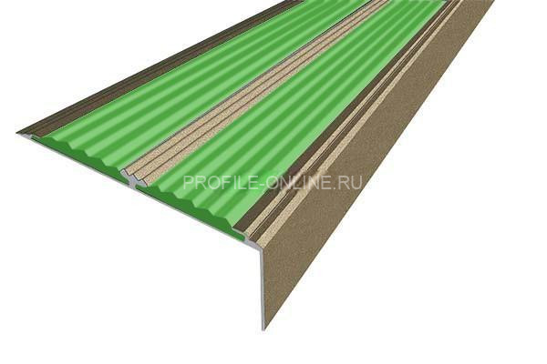 Алюминиевый противоскользящий угловой порог 70х22 мм с резиновыми вставками АУ-70-Анод шампань-зеленый 3 м