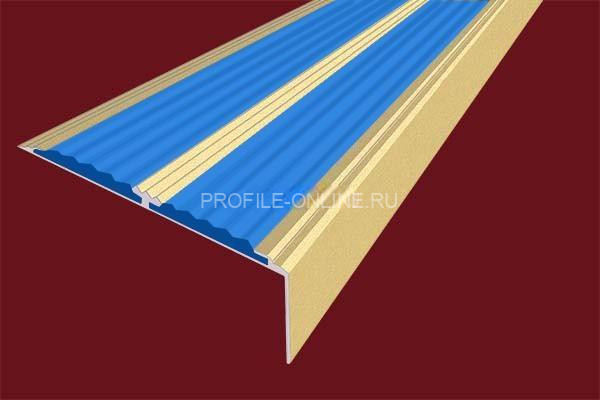 Алюминиевый противоскользящий угловой порог 70х22 мм с резиновыми вставками АУ-70-Анод золото-синий 3 м