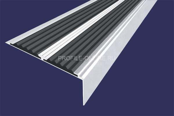 Алюминиевый противоскользящий угловой порог 70х22 мм с резиновыми вставками АУ-70-Анод серебро-черный 3 м
