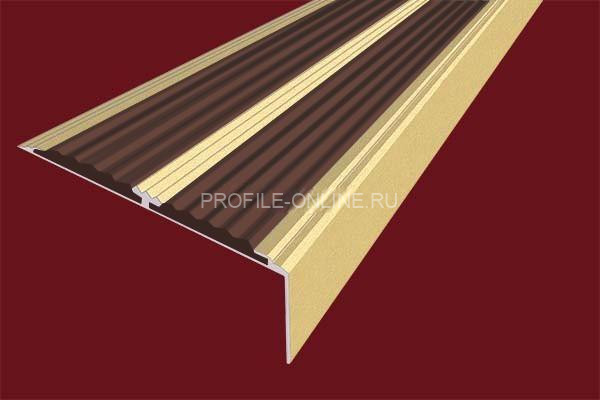 Алюминиевый противоскользящий угловой порог 70х22 мм с резиновыми вставками АУ-70-Анод золото-темно-коричневый 3 м