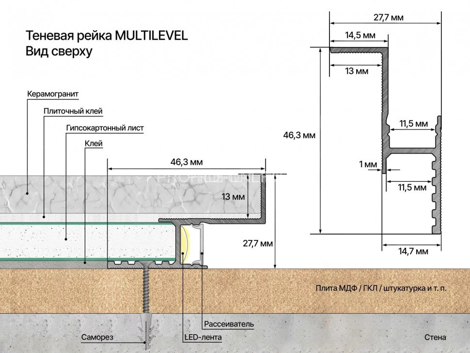 Теневая рейка 46.3х27.7 мм алюминиевая разноуровневая под подсветку Laconistiq Multilevel светлое золото 300 см