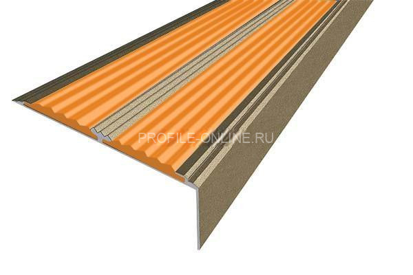 Алюминиевый противоскользящий угловой порог 70х22 мм с резиновыми вставками АУ-70-Анод шампань-оранжевый 3 м