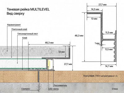 Теневая рейка 46.3х27.7 мм алюминиевая разноуровневая под подсветку Laconistiq Multilevel серебро 300 см
