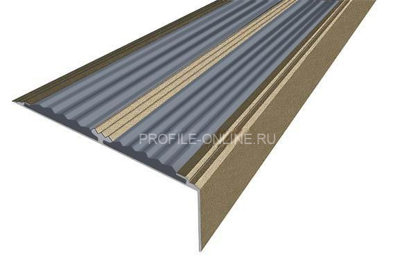 Алюминиевый противоскользящий угловой порог 70х22 мм с резиновыми вставками АУ-70-Анод шампань-серый 3 м