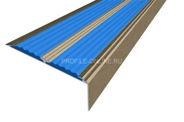 Алюминиевый противоскользящий угловой порог 70х22 мм с резиновыми вставками АУ-70-Анод шампань-синий 3 м