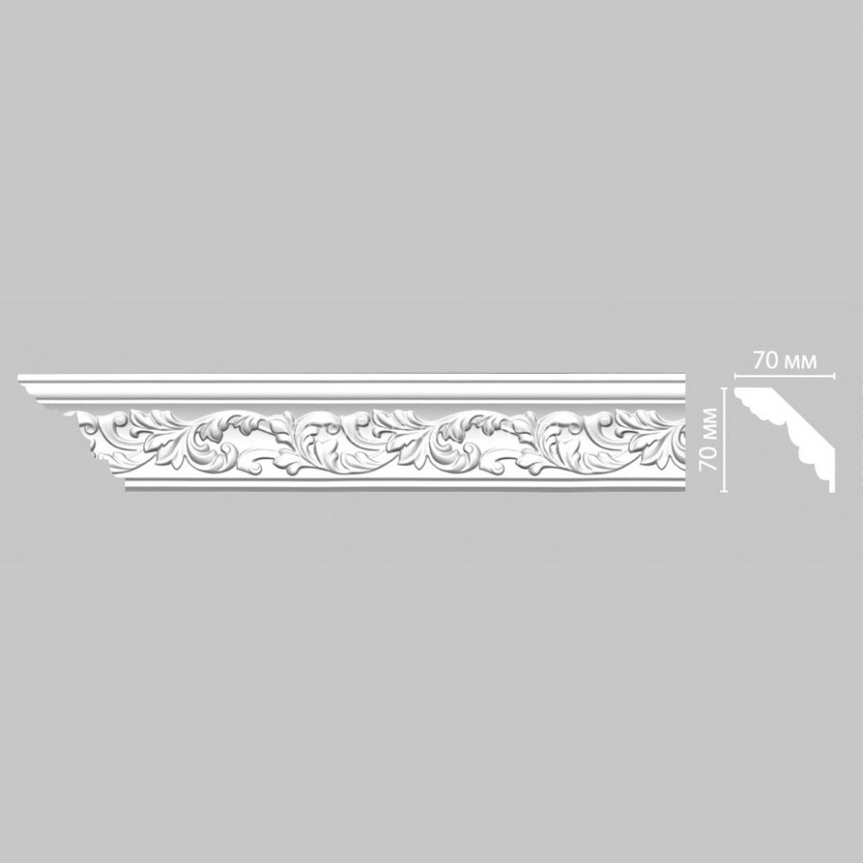 Плинтус потолочный с рисунком растительный орнамент DECOMASTER 95775F гибкий (70x70x2400) из полиуретана, белый под покраску