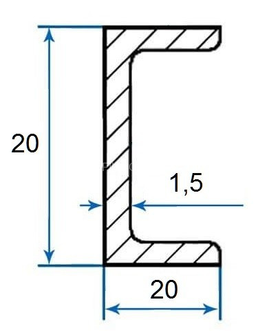 Алюминиевый П-профиль 20х20х20х1,5 мм серебро 3 м (швеллер)