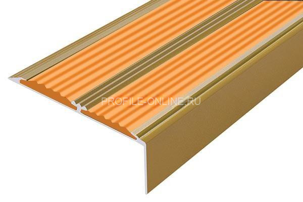 Алюминиевый противоскользящий угловой порог 70х22 мм с резиновыми вставками АУ-70-Антик золото-оранжевый 3 м