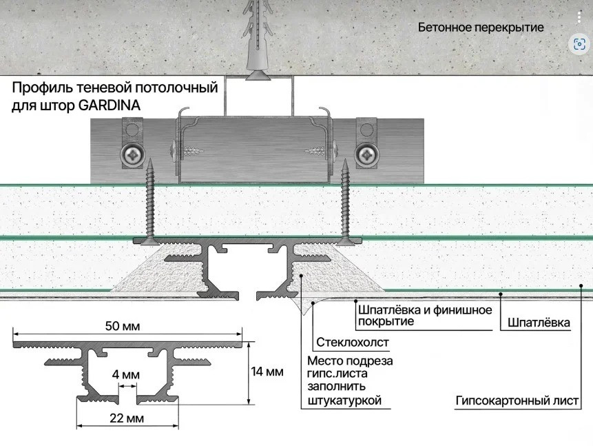 Теневой профиль потолочный скрытого монтажа 50x14 мм для штор алюминиевый Laconistiq Gips Gardina черный муар 300 см
