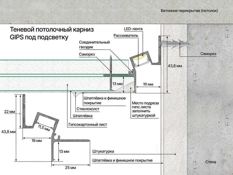 Алюминиевый теневой потолочный плинтус 43.8х44.1 мм скрытого монтажа под подсветку Laconistiq Gips Classic белый 300 см отступ 19 мм