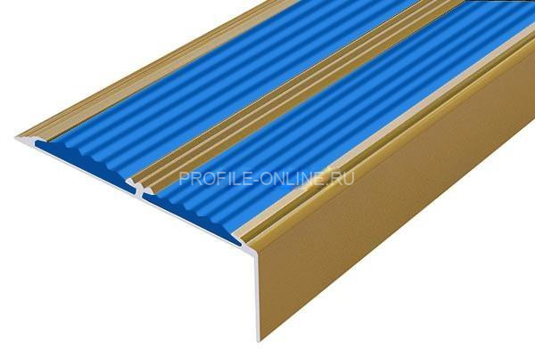 Алюминиевый противоскользящий угловой порог 70х22 мм с резиновыми вставками АУ-70-Антик золото-синий 3 м