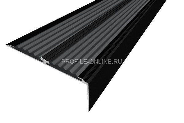 Алюминиевый противоскользящий угловой порог 70х22 мм с резиновыми вставками АУ-70-Краш черный глянец-серый 3 м