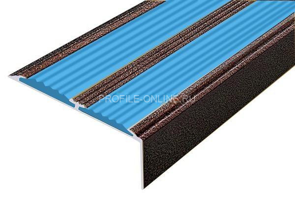 Алюминиевый противоскользящий угловой порог 70х22 мм с резиновыми вставками АУ-70-Антик медь-голубой 3 м