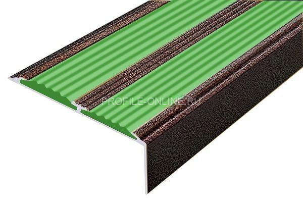 Алюминиевый противоскользящий угловой порог 70х22 мм с резиновыми вставками АУ-70-Антик медь-зеленый 3 м