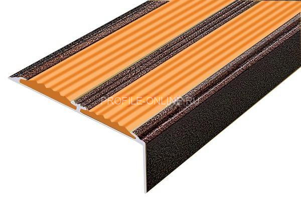 Алюминиевый противоскользящий угловой порог 70х22 мм с резиновыми вставками АУ-70-Антик медь-оранжевый 3 м