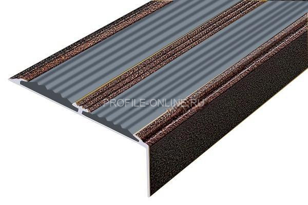 Алюминиевый противоскользящий угловой порог 70х22 мм с резиновыми вставками АУ-70-Антик медь-серый 3 м