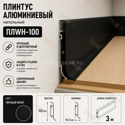 Плинтус напольный из алюминия с креплениями ПЛWH-100 черный муар 3м