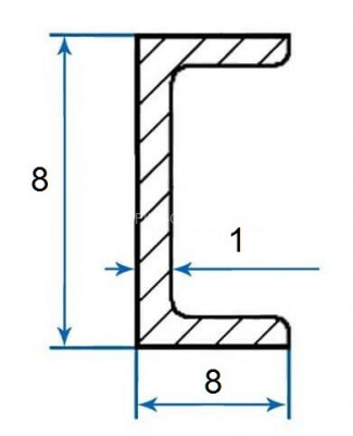 Алюминиевый П-профиль 8х8х8х1 мм серебро 3 м (швеллер)
