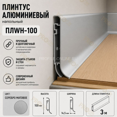 Плинтус напольный из алюминия с креплениями ПЛWH-100 серебро матовое 3м