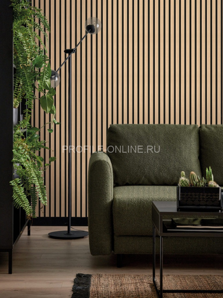 Правая планка-рейка для стеновой реечной панели VOX LINERIO M-LINE дерево на черном фоне 2650х26х12 мм