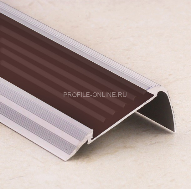 Угловой порог алюминиевый противоскользящий с резиной 48х23 мм ПО-48х23 без покрытия-коричневый 2,7 м