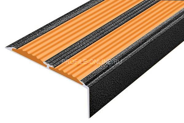 Алюминиевый противоскользящий угловой порог 70х22 мм с резиновыми вставками АУ-70-Антик серебро-оранжевый 3 м