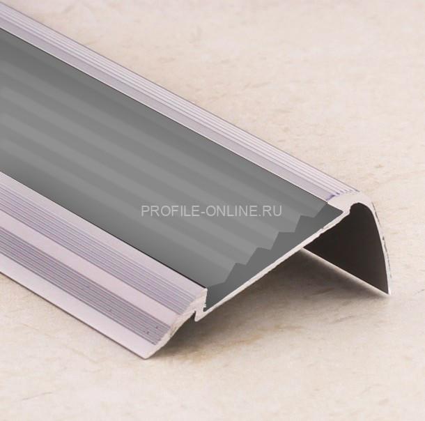 Угловой порог алюминиевый противоскользящий с резиной 48х23 мм ПО-48х23 без покрытия-серый 2,7 м