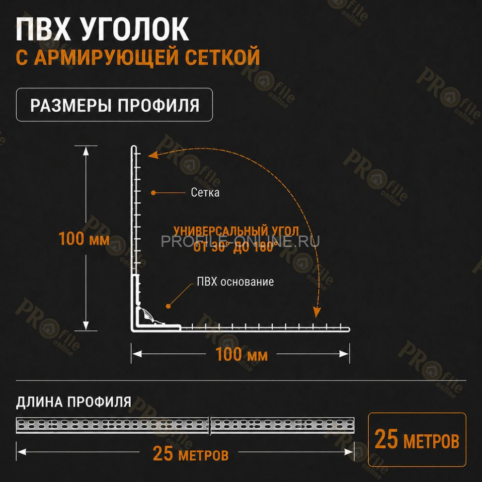 Уголок штукатурный универсальный пластиковый перфорированный 23х23 мм с сеткой 100х100 мм рулон 25 м