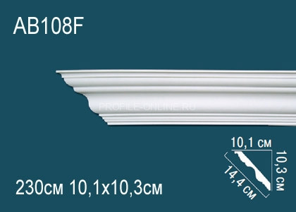 Гладкий потолочный плинтус Перфект AB108F белого цвета из полиуретана 103х144х101 мм 230 см