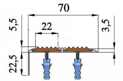 Алюминиевый противоскользящий угловой порог 70х22 мм с резиновыми вставками АУ-70 голубой 3 м