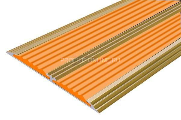 Алюминиевый противоскользящий одноуровневый порог 70 мм с резиновыми вставками АП-70-Антик золото-оранжевый 3 м