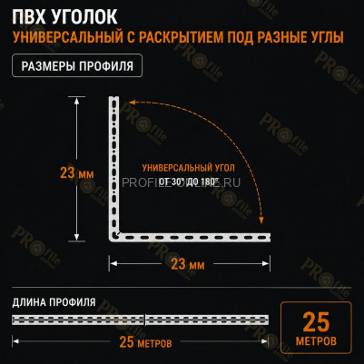 Универсальный уголок штукатурный из ПВХ перфорированный 23х23 мм рулон 25 м