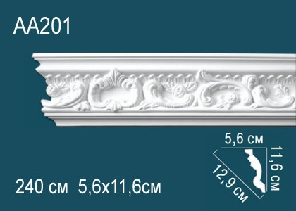 Потолочный плинтус с орнаментом Перфект AA201 белый из полиуретана 116х129х56 мм 240 см