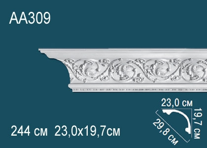 Потолочный плинтус с орнаментом Перфект AA309 белый из полиуретана 197х298х230 мм 244 см