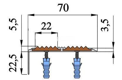 Алюминиевый противоскользящий угловой порог 70х22 мм с резиновыми вставками АУ-70 красный 3 м