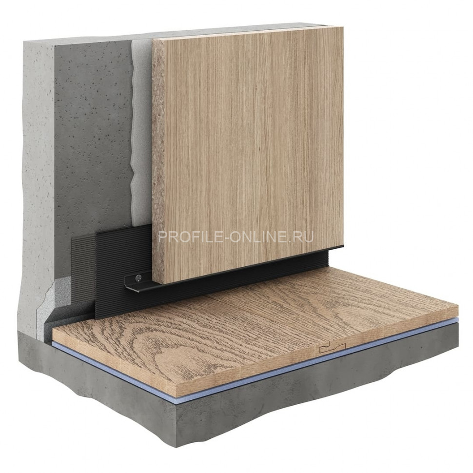 Теневой плинтус скрытого монтажа алюминиевый Decaro D004.2 Regulated (D004.2A Black+F1A Black) черный с регулиремым зазором 0-55 мм 2 м