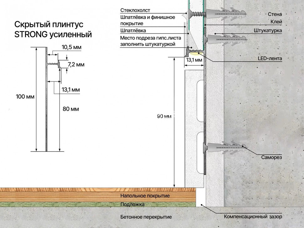 Усиленный плинтус скрытого монтажа 13х100 мм Laconistiq Strong черный 300 см