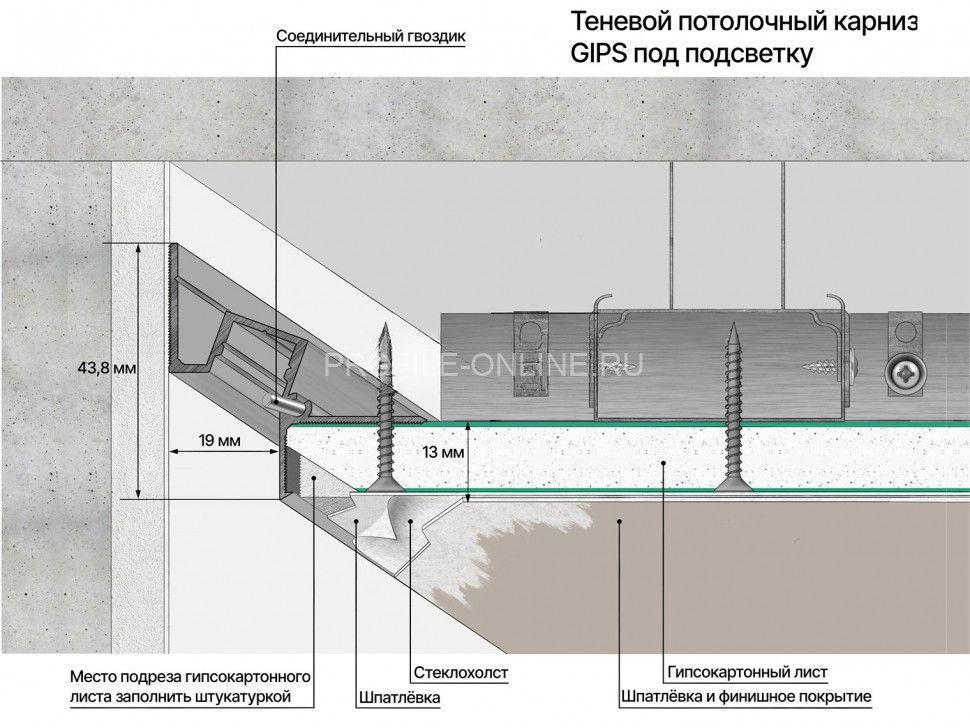 Алюминиевый теневой потолочный плинтус 43.8х44.1 мм скрытого монтажа под подсветку Laconistiq Gips Classic черный 300 см отступ 19 мм