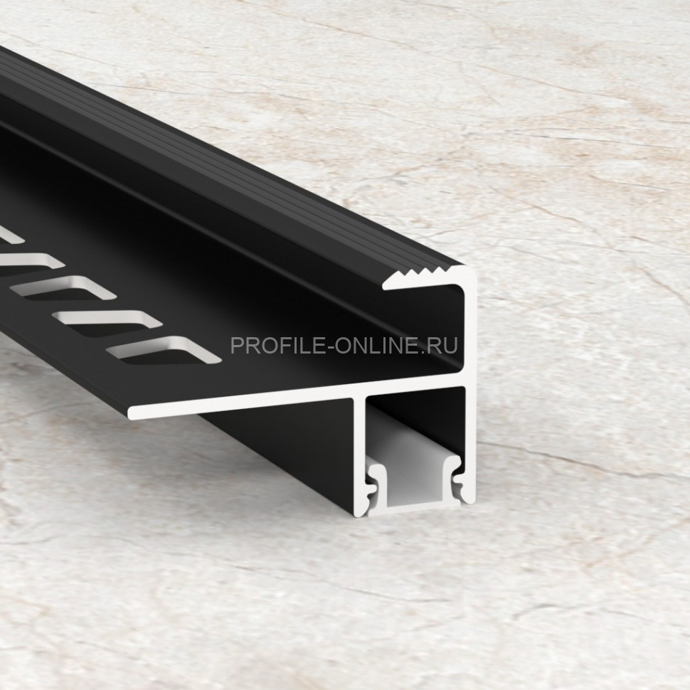 Угловой F-профиль на ступени под светодиодную ленту из алюминия ПО-218 черный муар 2,7 м