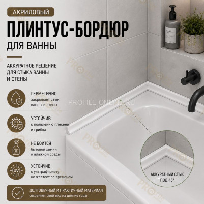Плинтус для ванной акриловый бортик Quart Neo вогнутый 12х12х1800 мм белый глянец