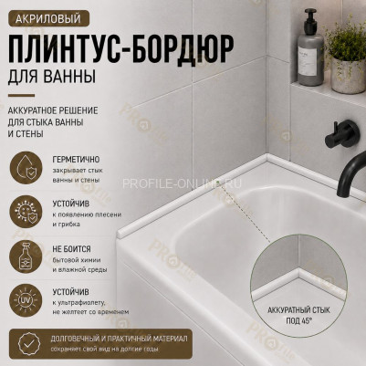 Плинтус для ванной акриловый бортик Quart Neo выпуклый 12х12х1800 мм белый глянец