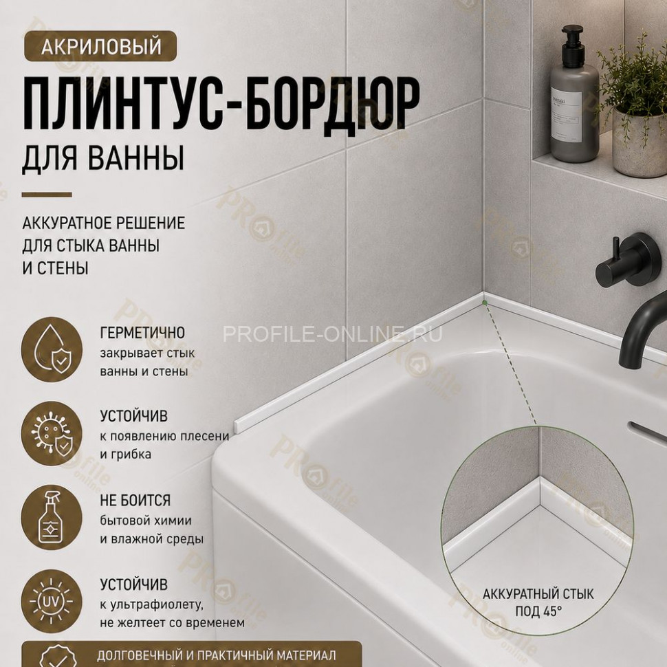 Плинтус для ванной акриловый бортик Quart Neo выпуклый 15х12х1800 мм белый глянец