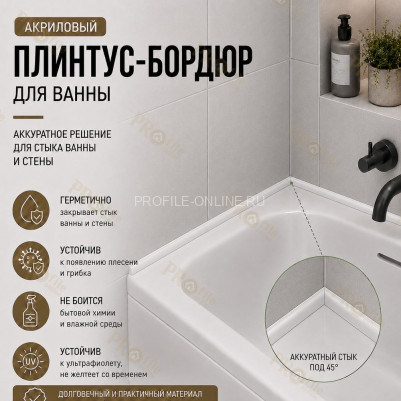 Плинтус для ванной акриловый бортик Quart Neo выпуклый 20х12х1800 мм белый глянец